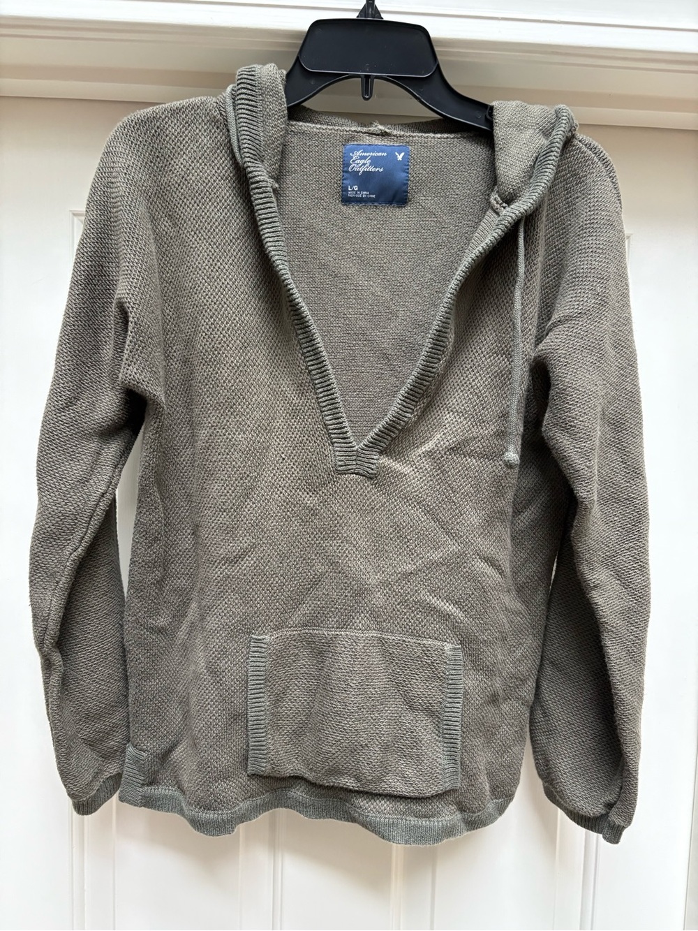 Vintage American Eagle Outfitters Woman’s Olive V-Neck Hooded Knit Pullover